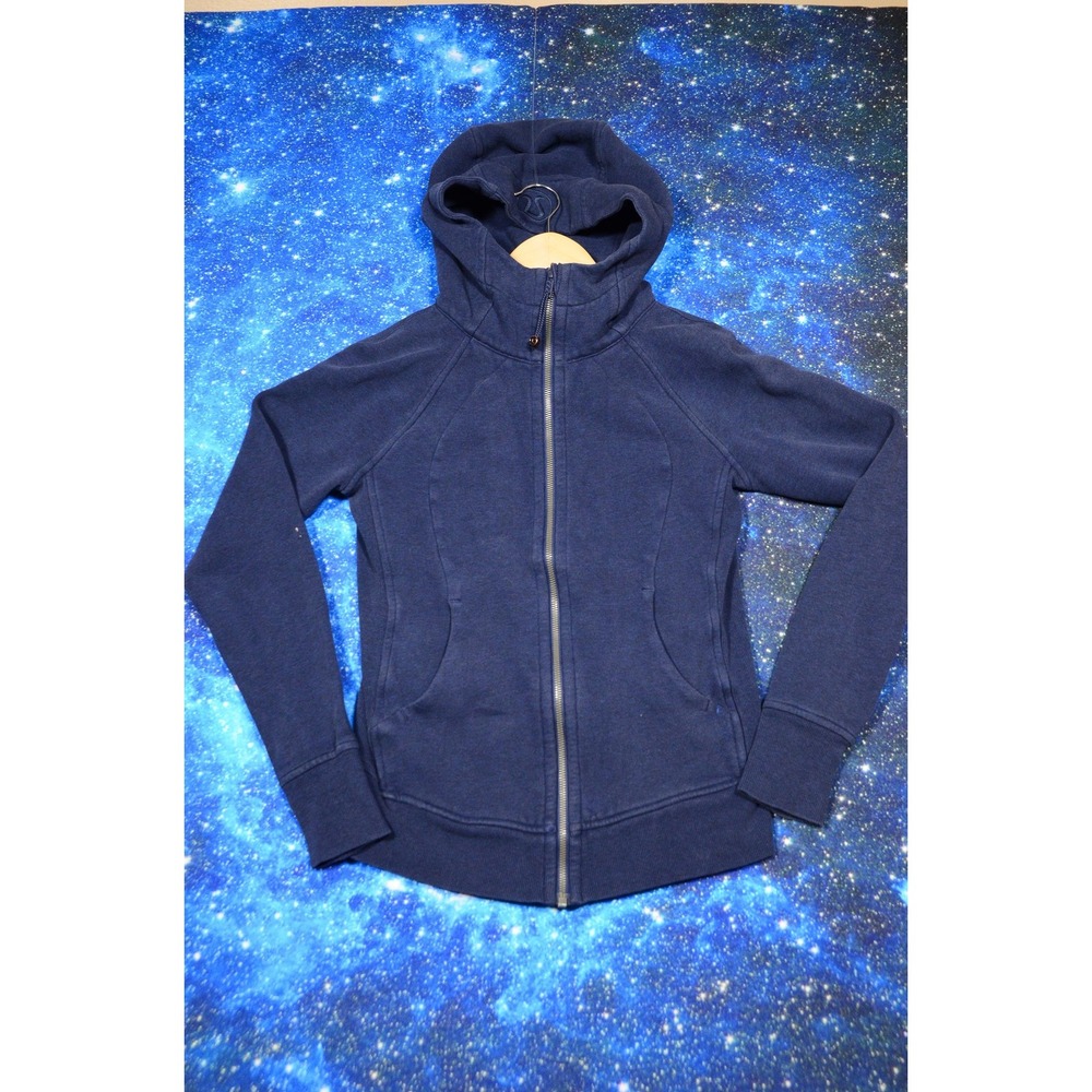 Lululemon Scuba Hoodie Womens 4 Blue Full‎ Zip Fleece High Neck Logo Pockets